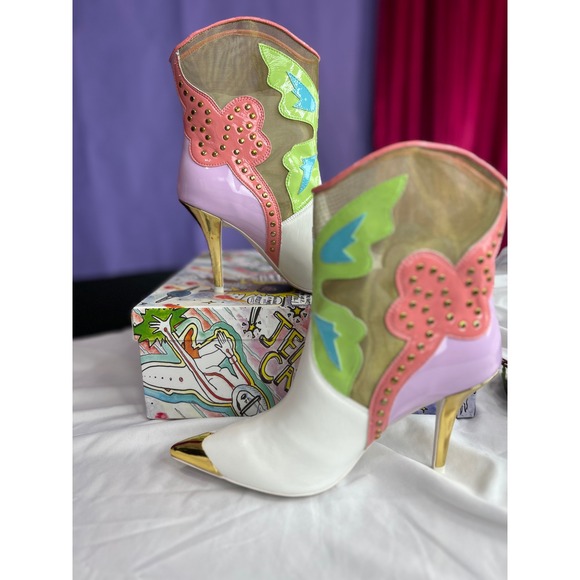 Jeffree Star Nevrtheles White Mesh Multi Butterfly Western Boots Heels Size 8M - Picture 7 of 7